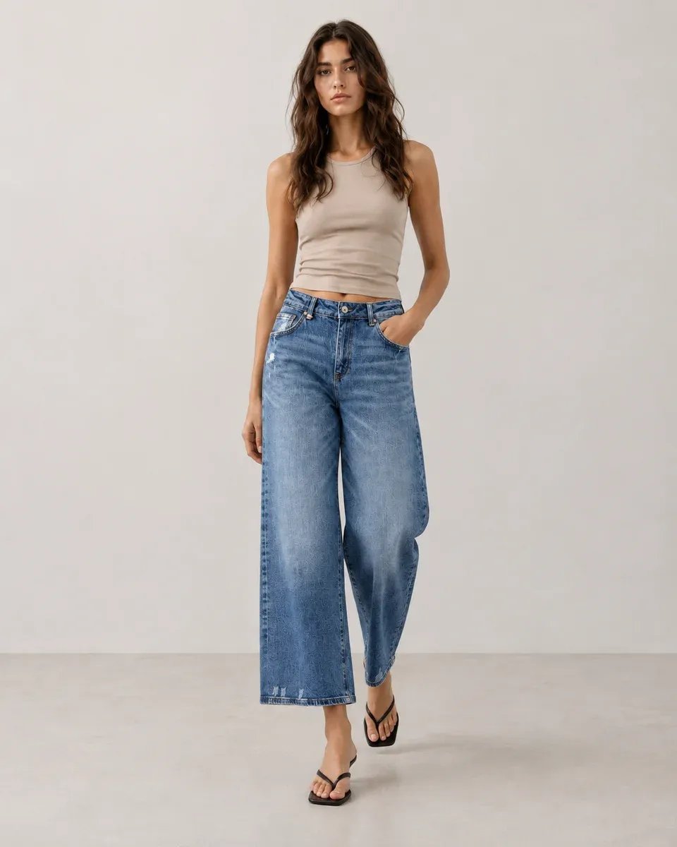 Jeans Culotte de Tiro Alto Azul Claro para Mujer - Image 6