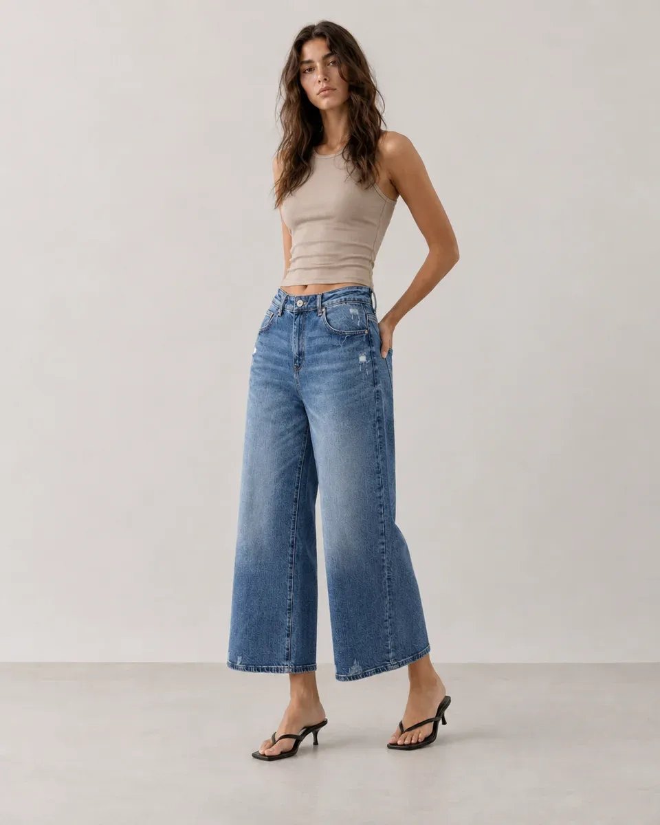 Jeans Culotte de Tiro Alto Azul Claro para Mujer - Image 7