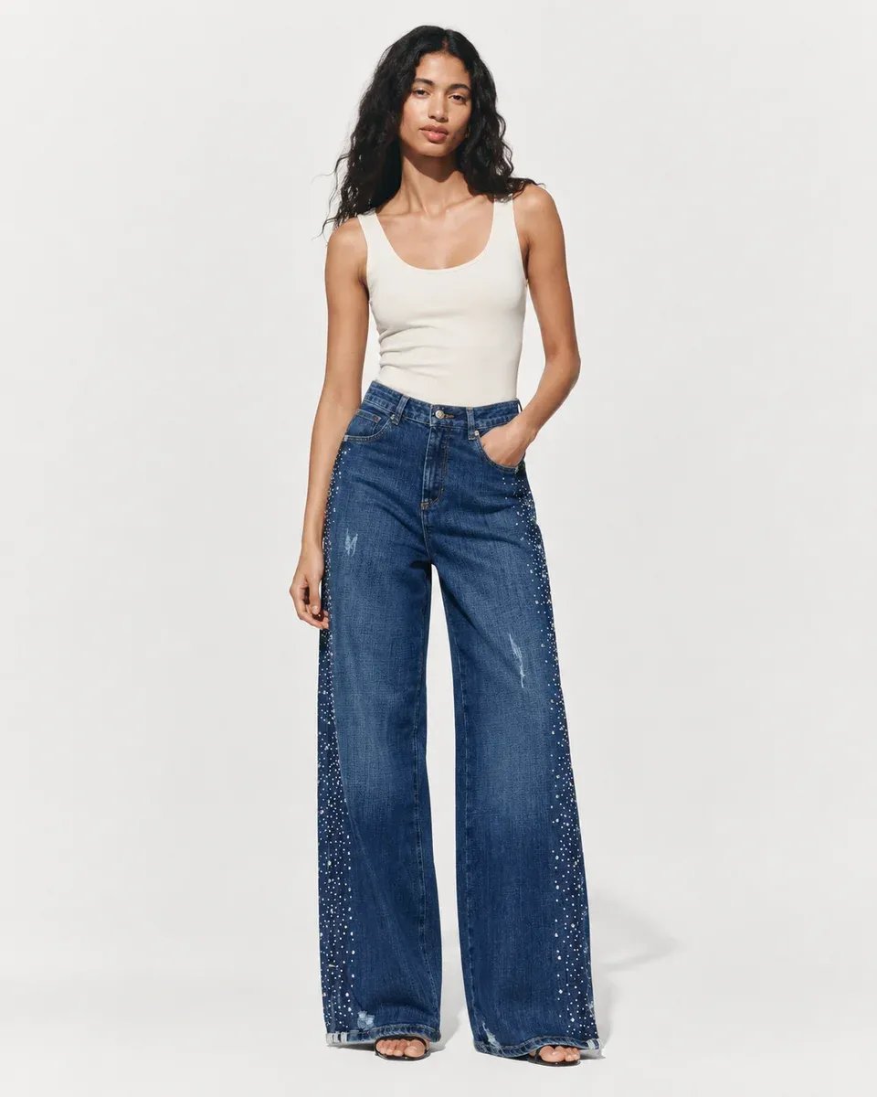 Jeans Anchos Acampanados con Pedreria Lateral para Mujer - Image 3