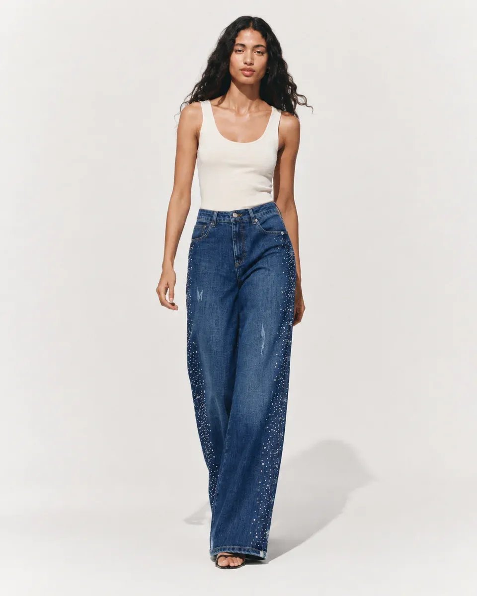 Jeans Anchos Acampanados con Pedreria Lateral para Mujer - Image 6