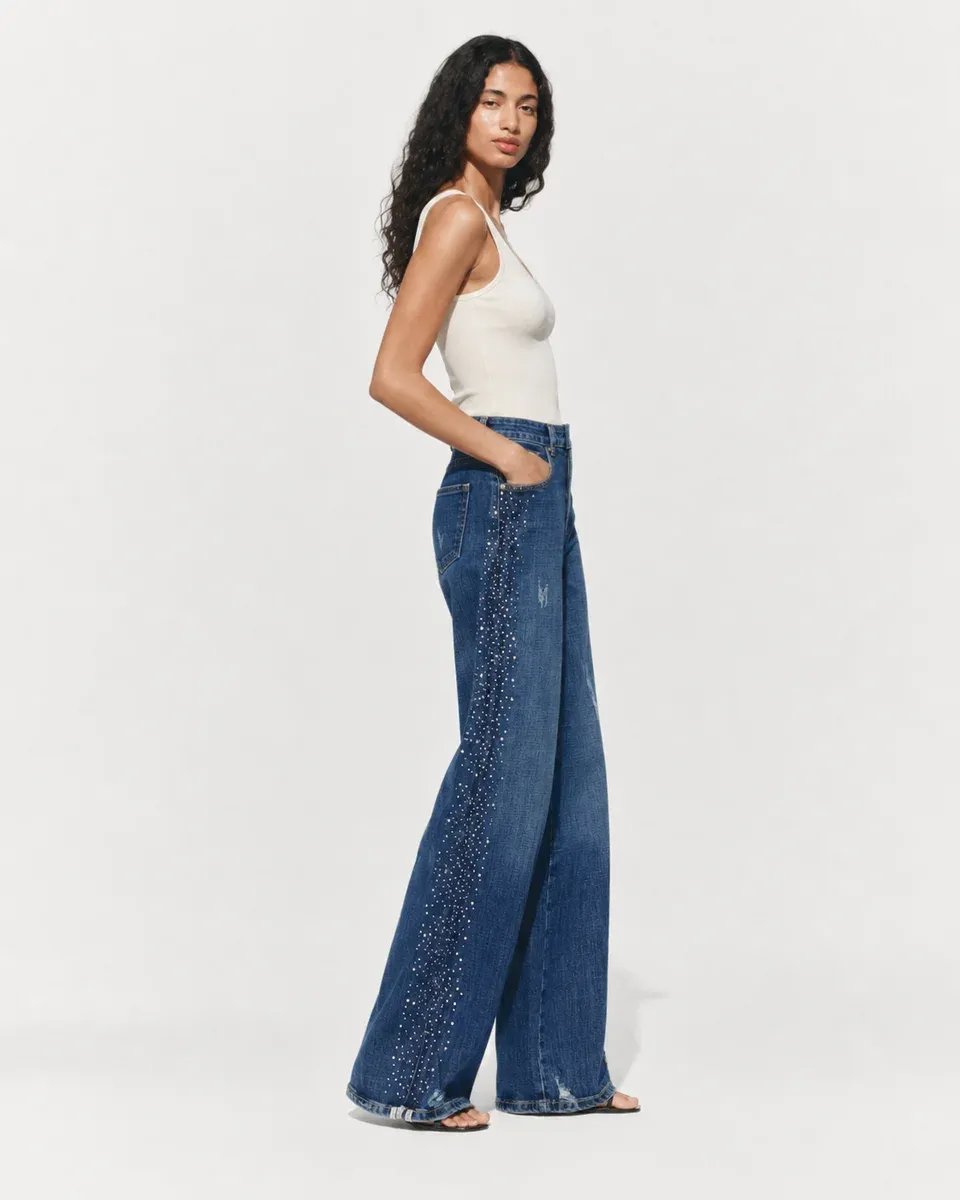 Jeans Anchos Acampanados con Pedreria Lateral para Mujer - Image 7