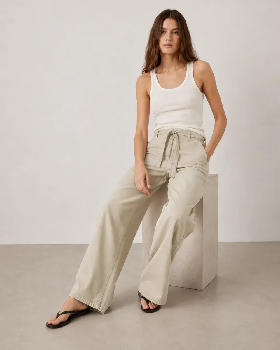 Pantalon Wide Leg Palazzo Beige Con Cordon Para Mujer - Image 6