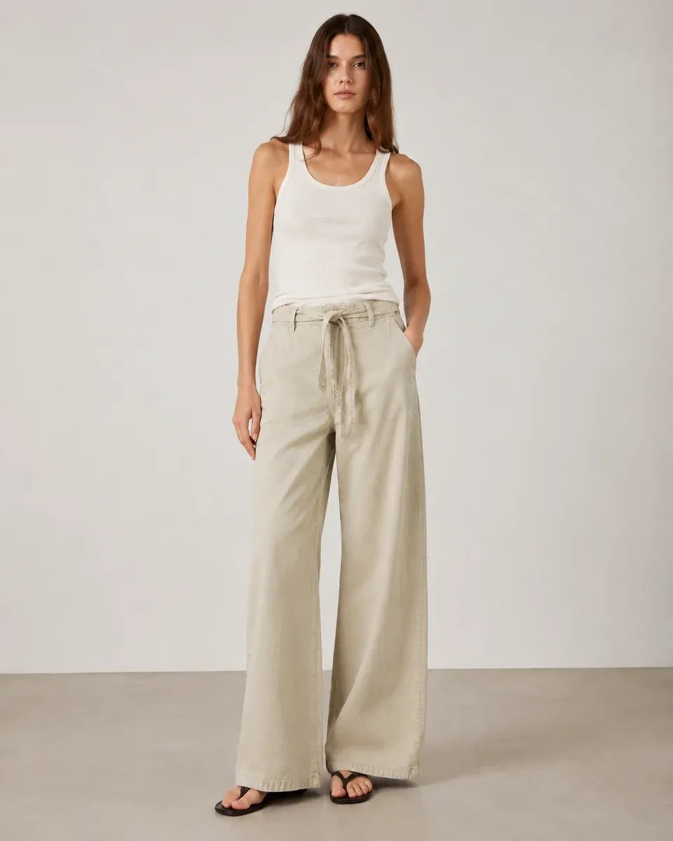 Pantalon Wide Leg Palazzo Beige Con Cordon Para Mujer - Image 2