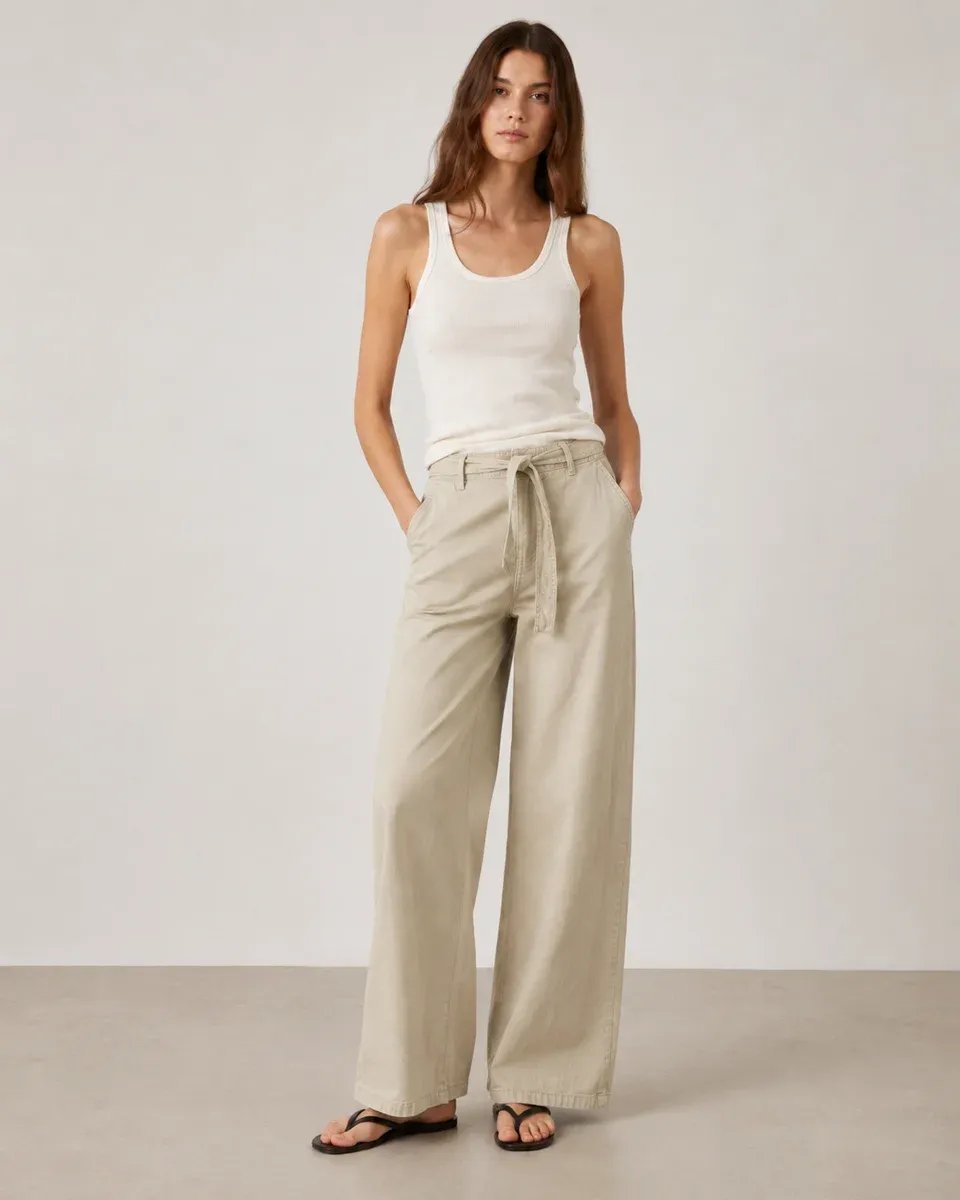 Pantalon Wide Leg Palazzo Beige Con Cordon Para Mujer - Image 3