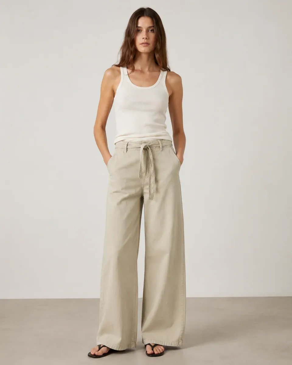 Pantalon Wide Leg Palazzo Beige Con Cordon Para Mujer - Image 4