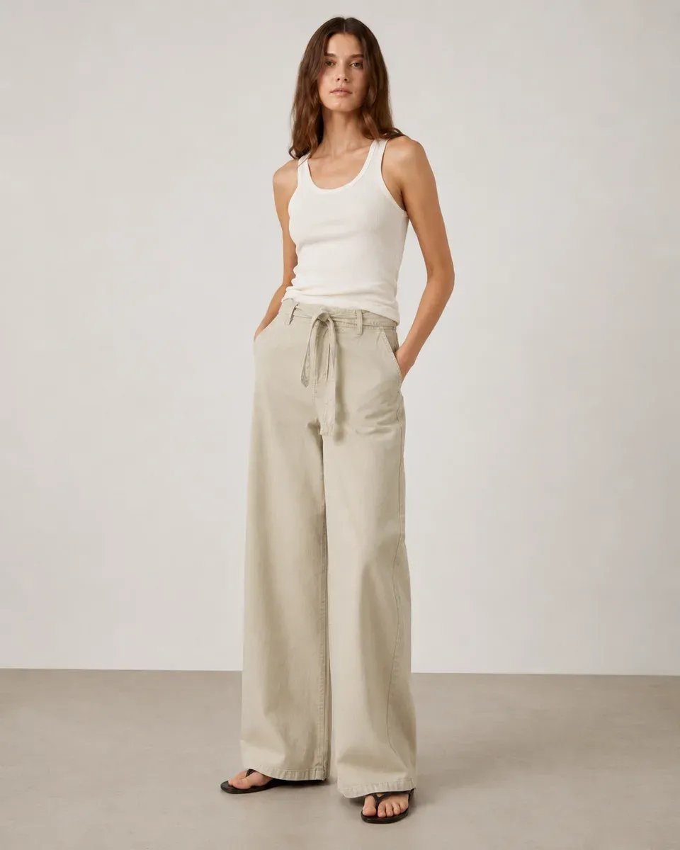 Pantalon Wide Leg Palazzo Beige Con Cordon Para Mujer - Image 5