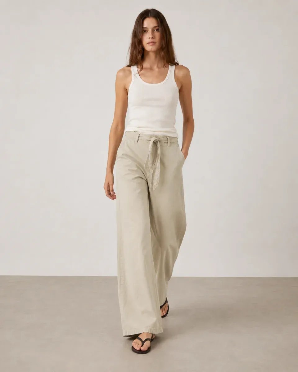 Pantalon Wide Leg Palazzo Beige Con Cordon Para Mujer - Image 7