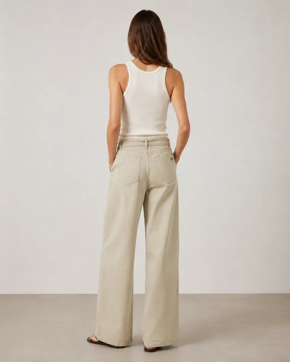 Pantalon Wide Leg Palazzo Beige Con Cordon Para Mujer - Image 8