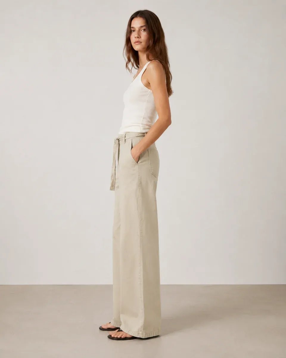 Pantalon Wide Leg Palazzo Beige Con Cordon Para Mujer - Image 9