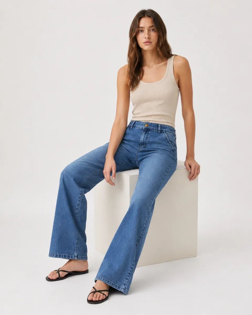 Jeans Wide Leg Tiro Alto Azul Claro para Mujer - Image 3