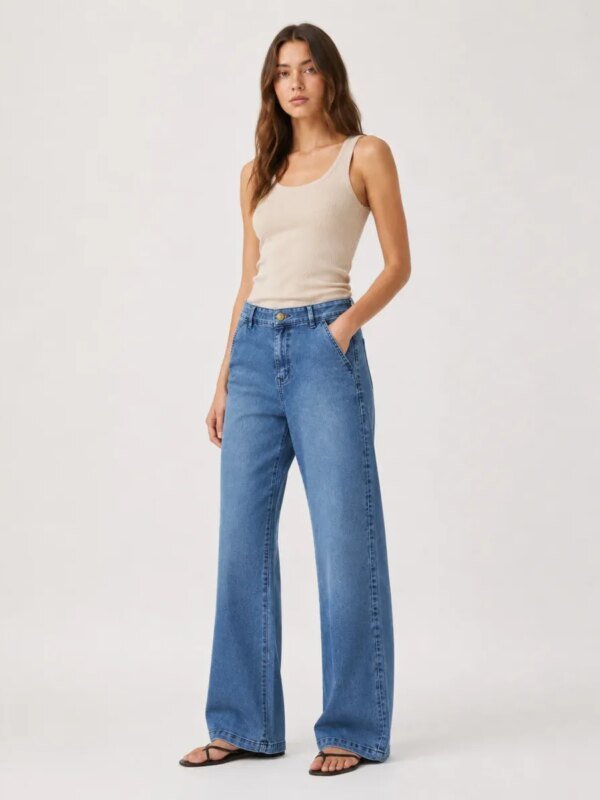Jeans Wide Leg Tiro Alto Azul Claro para Mujer
