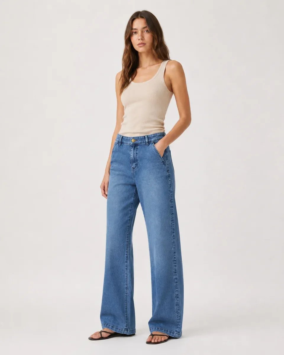 Jeans Wide Leg Tiro Alto Azul Claro para Mujer