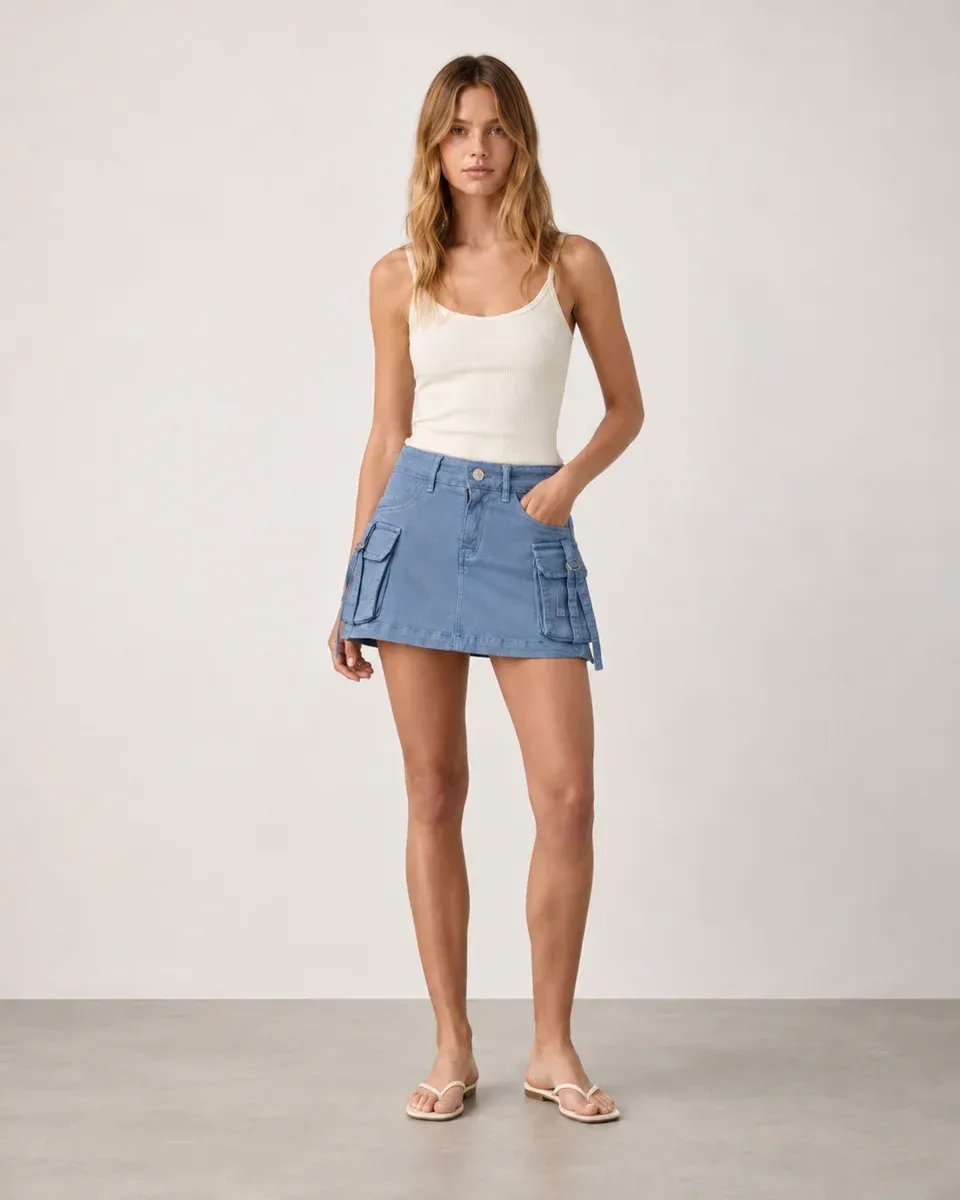 Falda Short Cargo Beige de Tiro Alto con Bolsillos para Mujer - Image 3