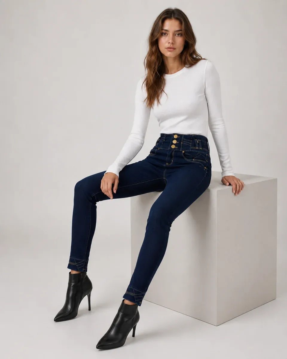 Jeans Skinny Tiro Alto Con Botones Dorados Para Mujer - Image 12