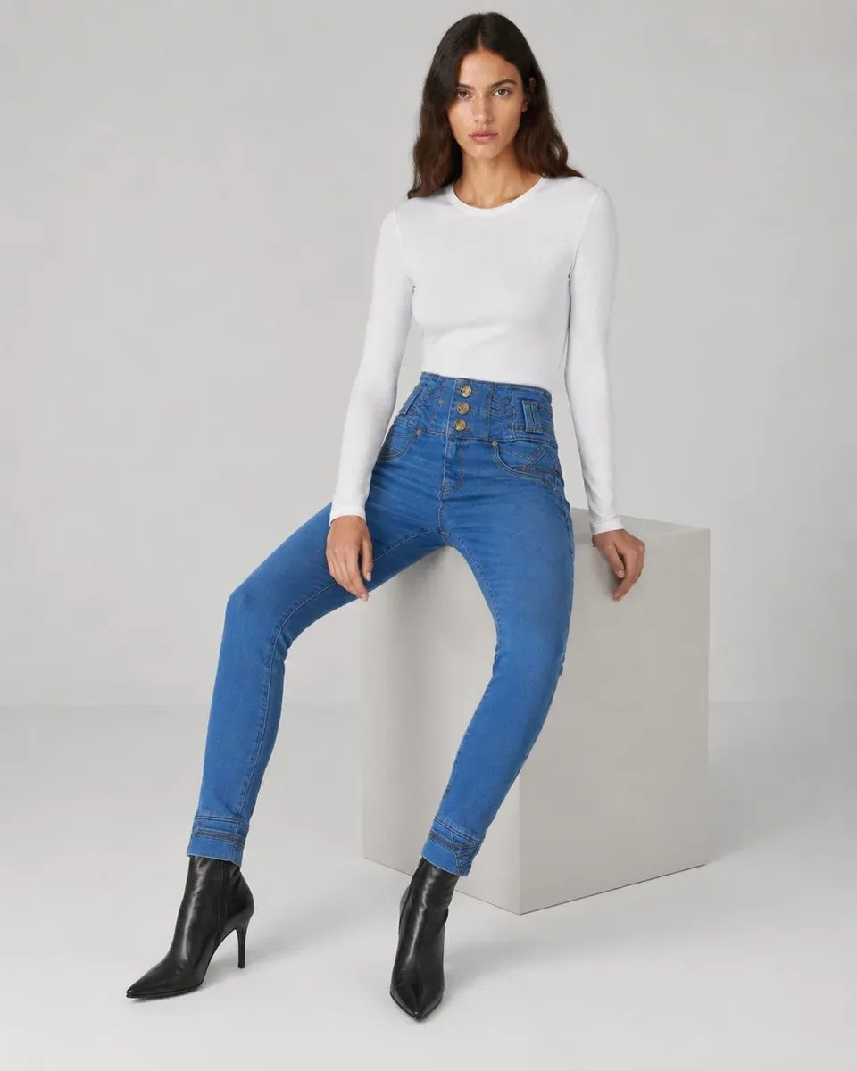 Jeans Skinny Tiro Alto Con Botones Dorados Para Mujer - Image 2