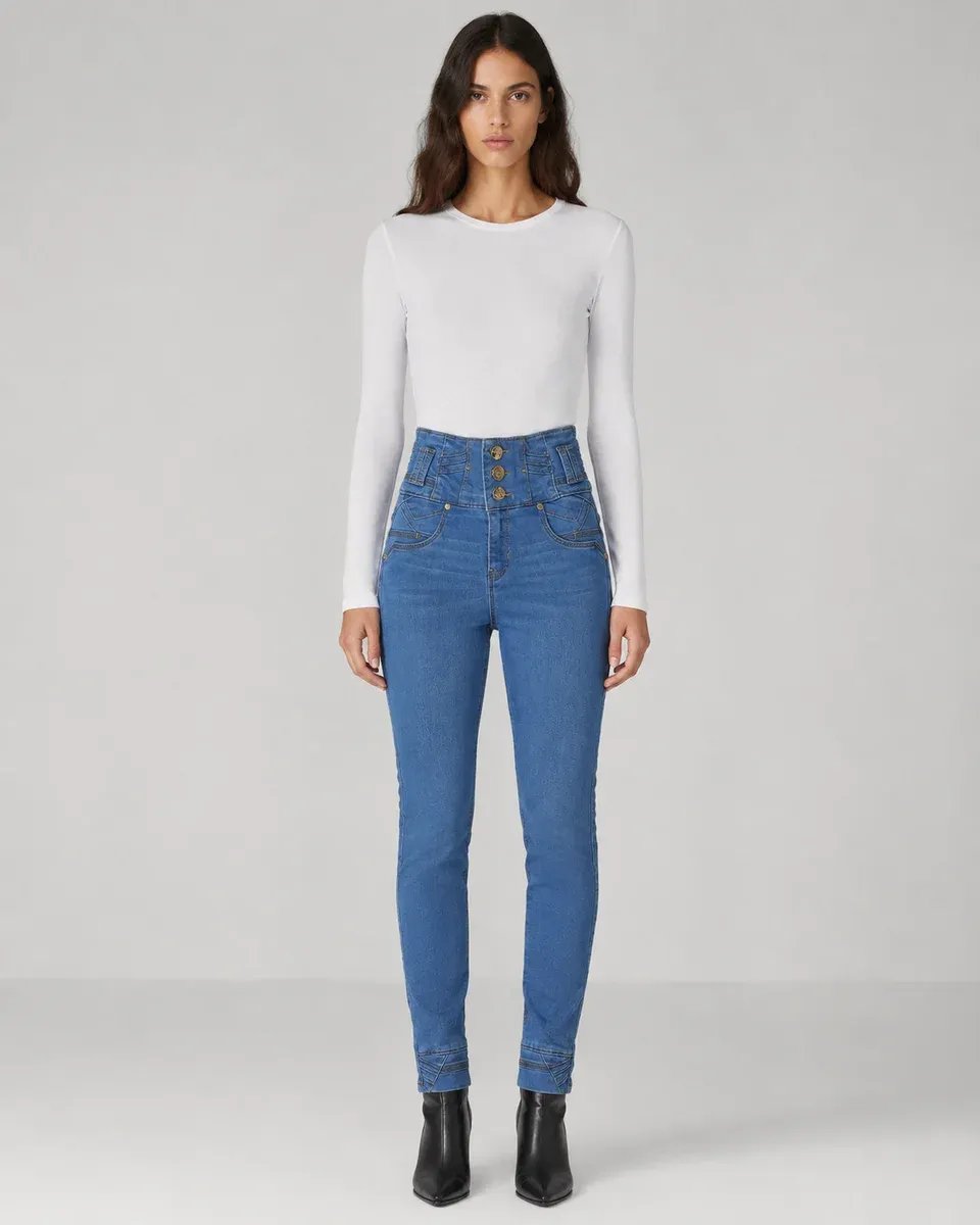 Jeans Skinny Tiro Alto Con Botones Dorados Para Mujer - Image 4