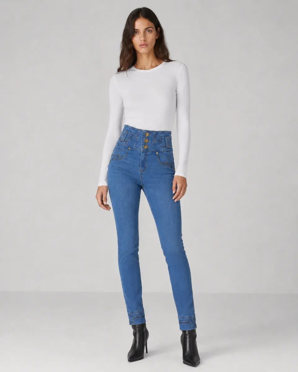 Jeans Skinny Tiro Alto Con Botones Dorados Para Mujer - Image 5