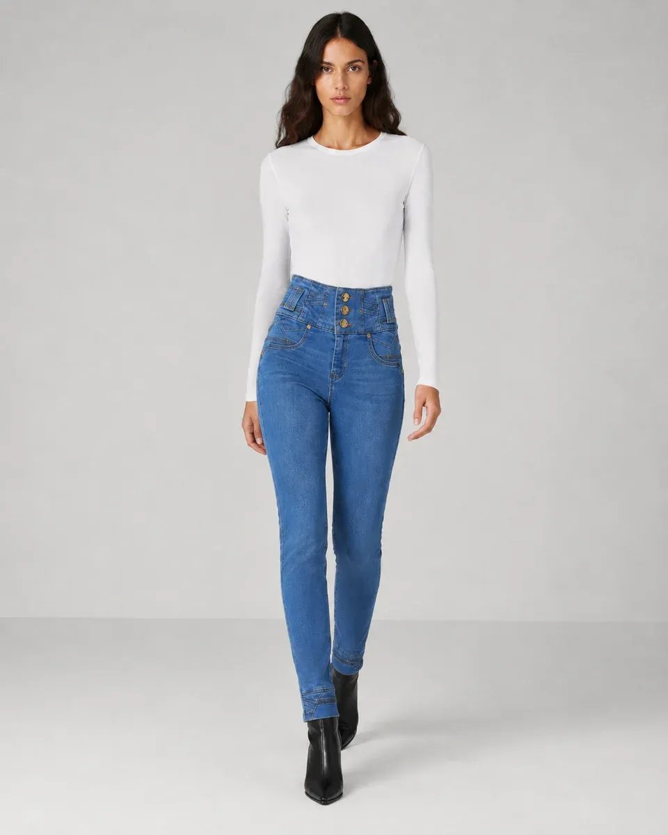 Jeans Skinny Tiro Alto Con Botones Dorados Para Mujer - Image 6