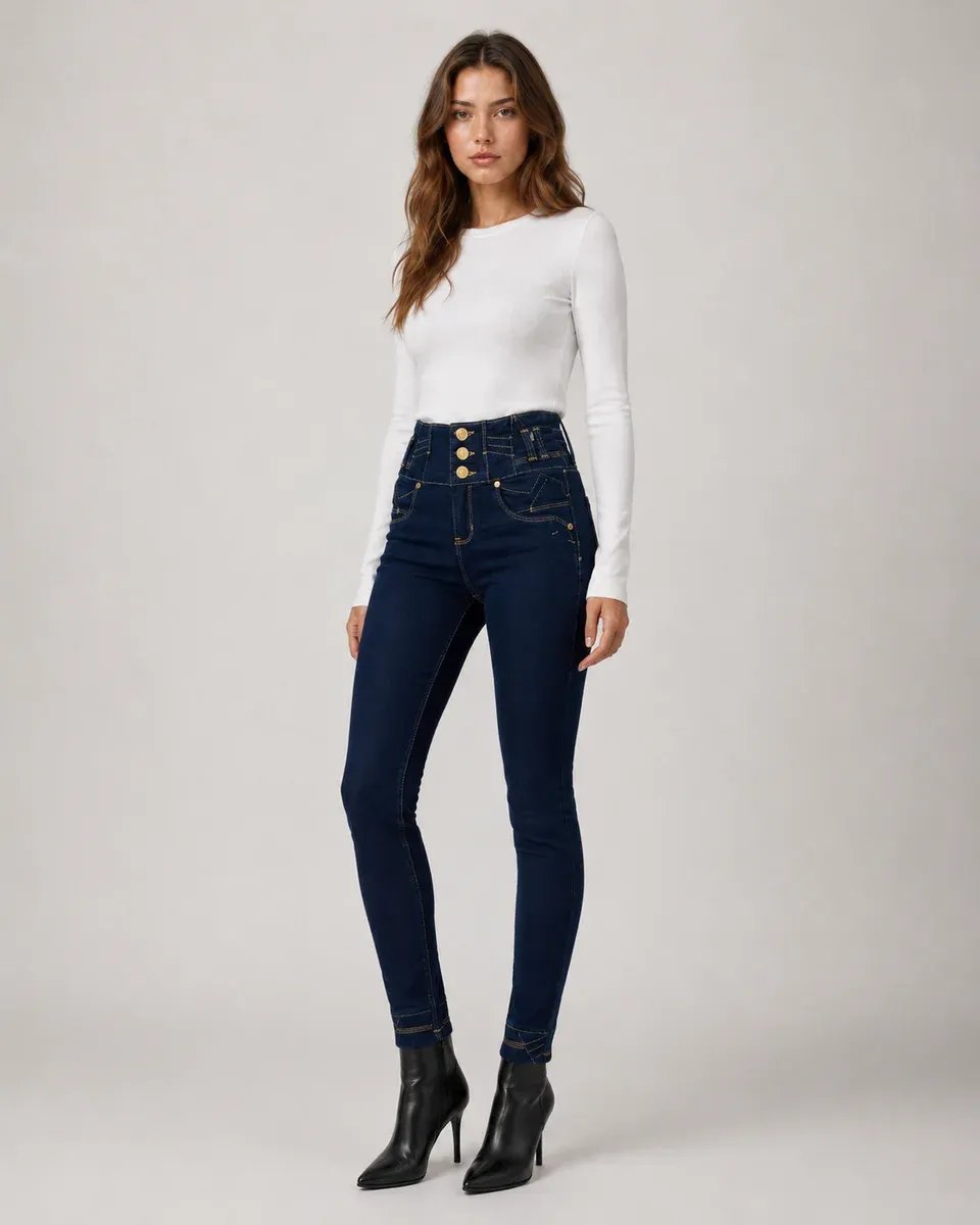 Jeans Skinny Tiro Alto Con Botones Dorados Para Mujer - Image 10