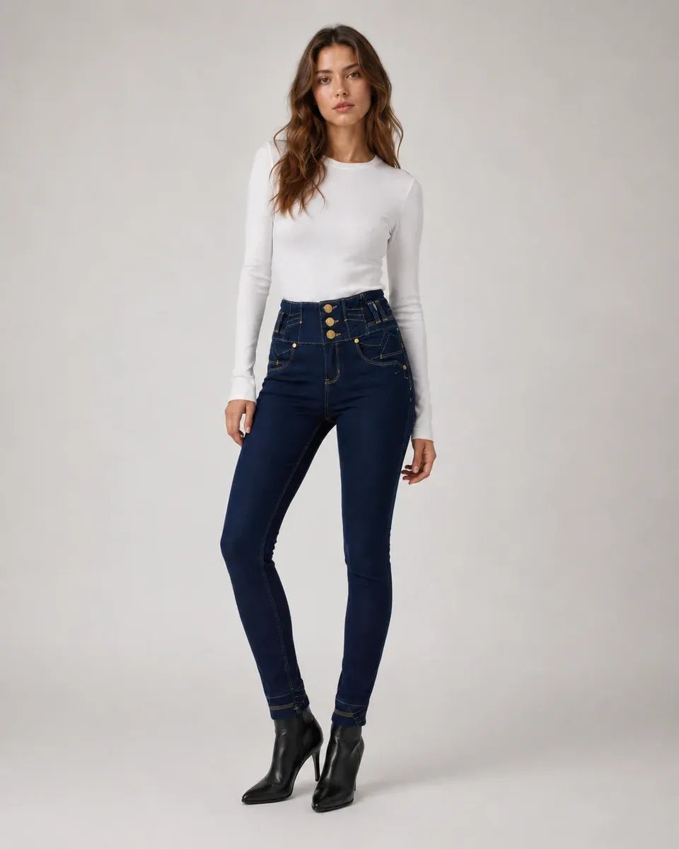 Jeans Skinny Tiro Alto Con Botones Dorados Para Mujer - Image 11