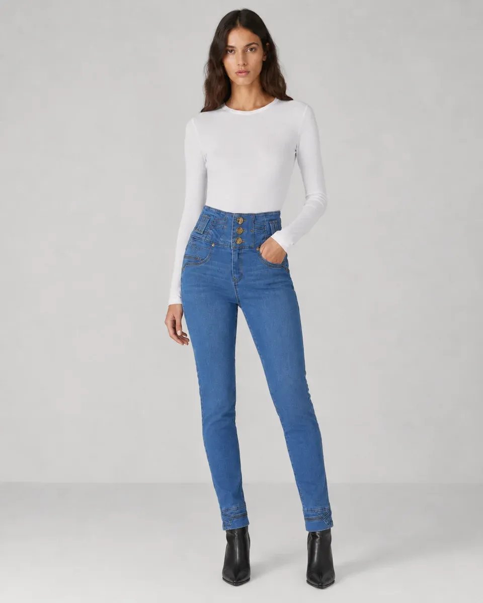 Jeans Skinny Tiro Alto Con Botones Dorados Para Mujer - Image 7