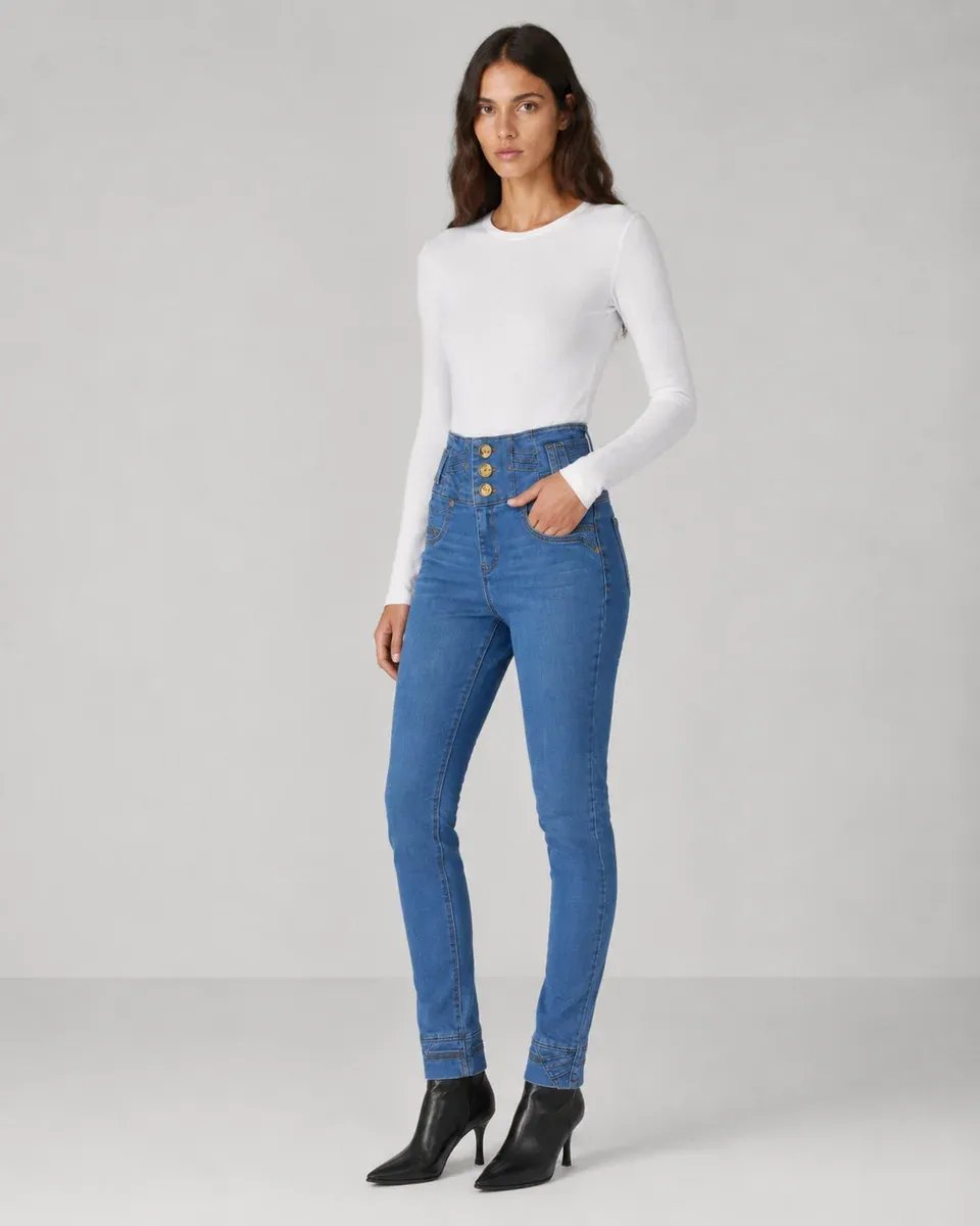 Jeans Skinny Tiro Alto Con Botones Dorados Para Mujer - Image 3