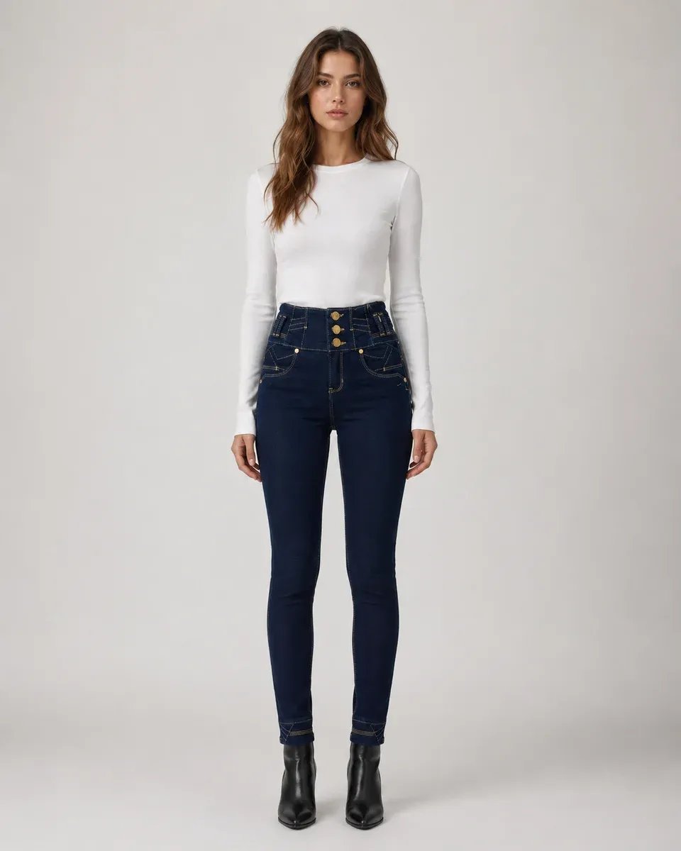 Jeans Skinny Tiro Alto Con Botones Dorados Para Mujer - Image 13