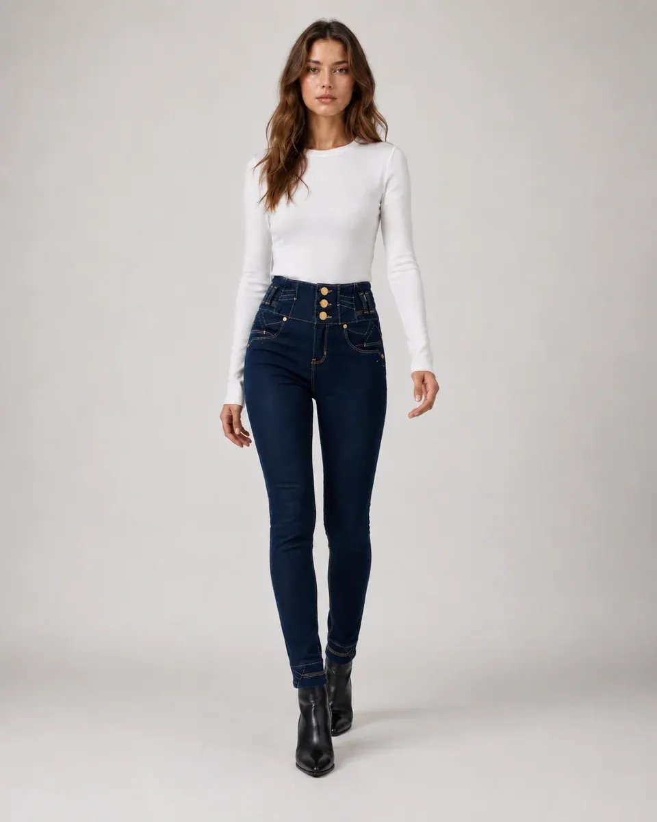 Jeans Skinny Tiro Alto Con Botones Dorados Para Mujer - Image 14