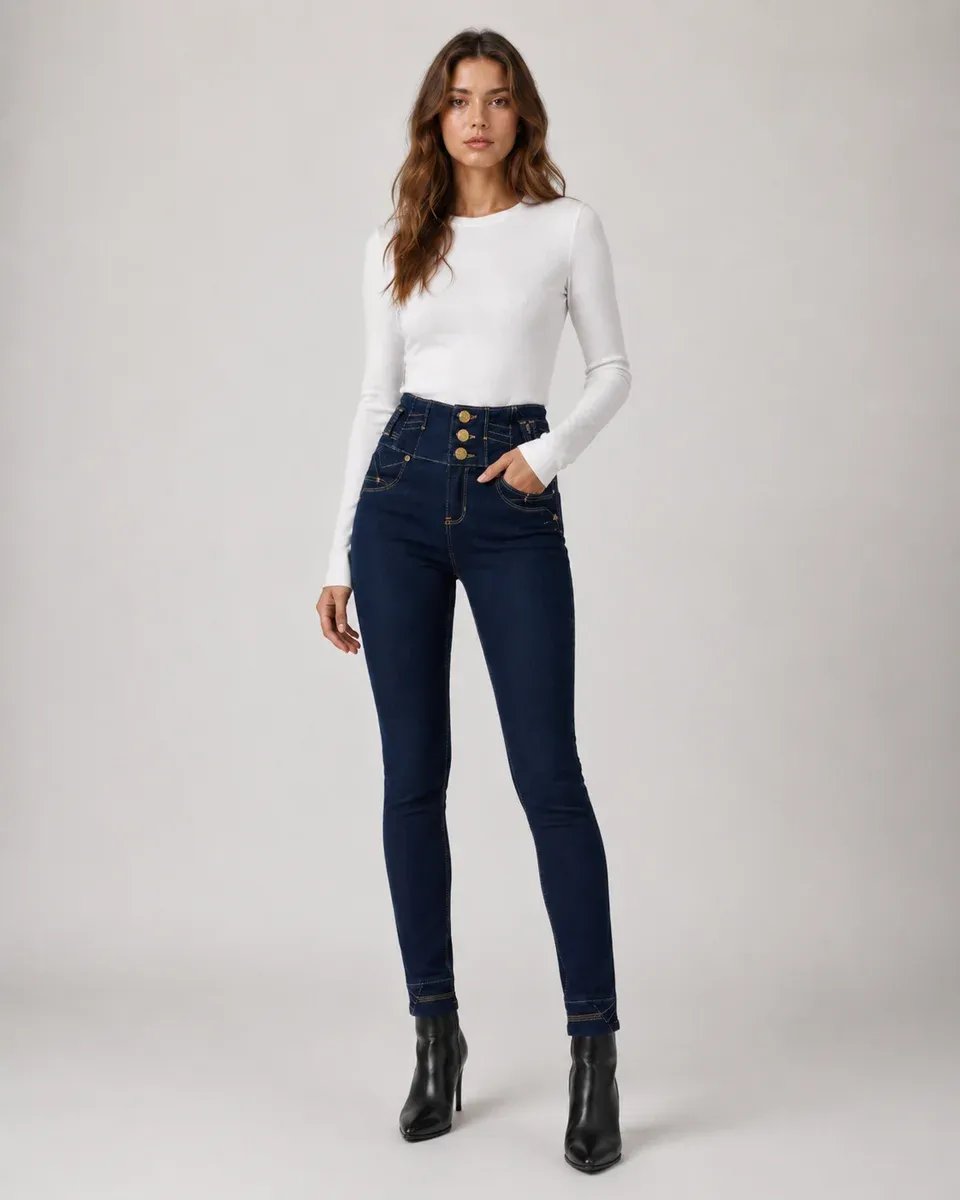Jeans Skinny Tiro Alto Con Botones Dorados Para Mujer - Image 15