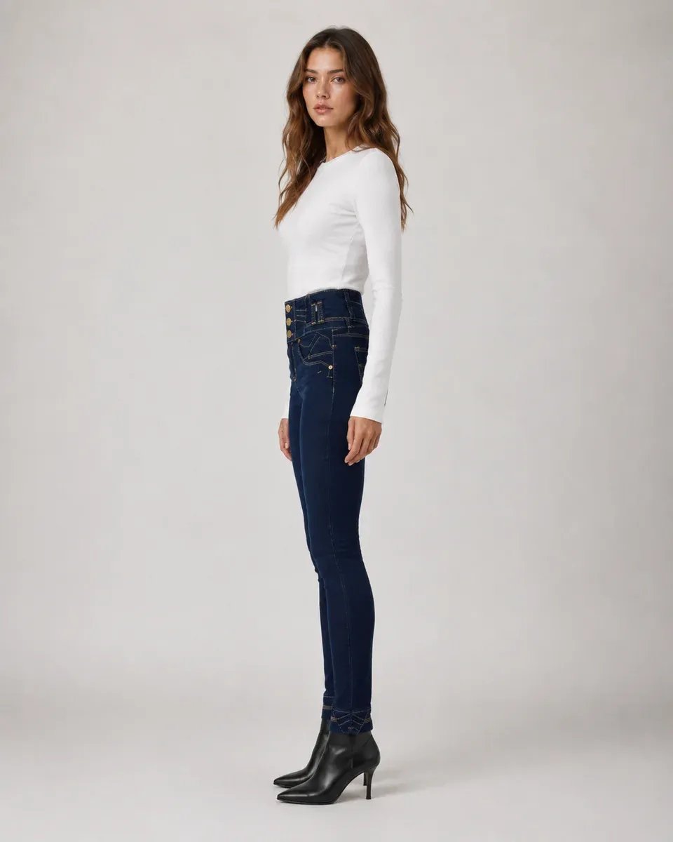 Jeans Skinny Tiro Alto Con Botones Dorados Para Mujer - Image 17