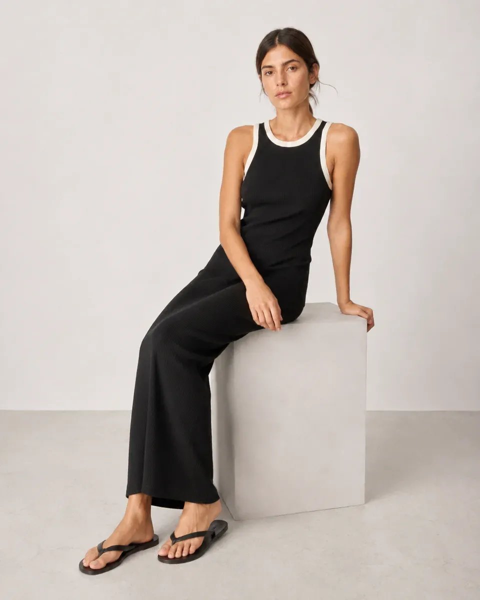 Vestido Largo Negro con Detalles Blancos Elegante para Mujer - Image 21