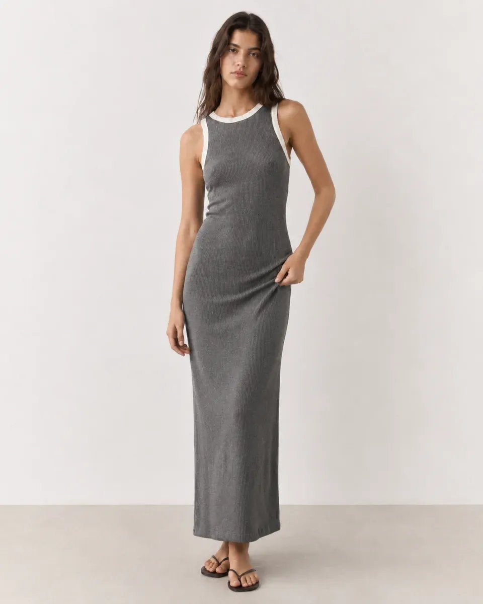 Vestido Largo Negro con Detalles Blancos Elegante para Mujer - Image 5