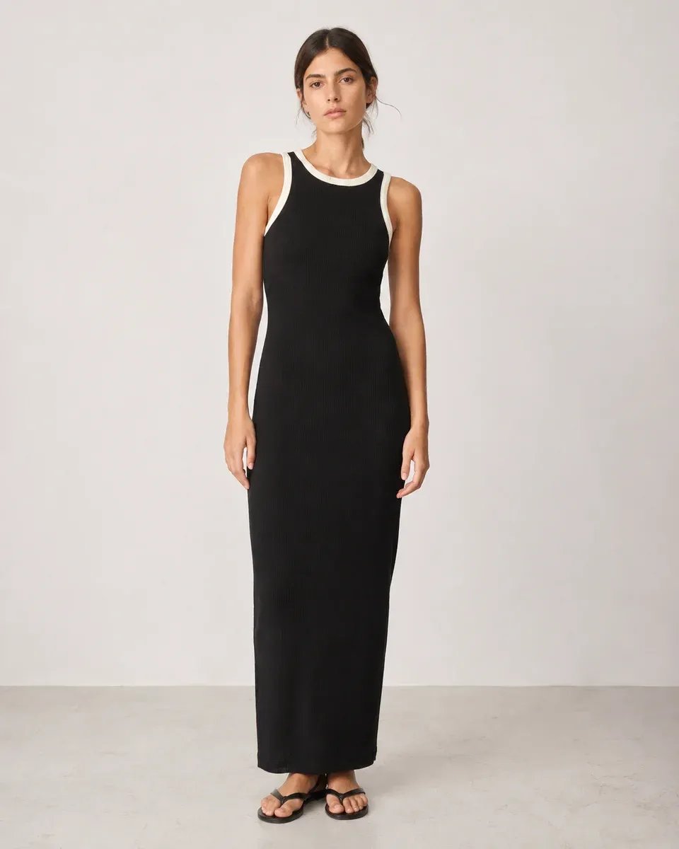 Vestido Largo Negro con Detalles Blancos Elegante para Mujer - Image 20