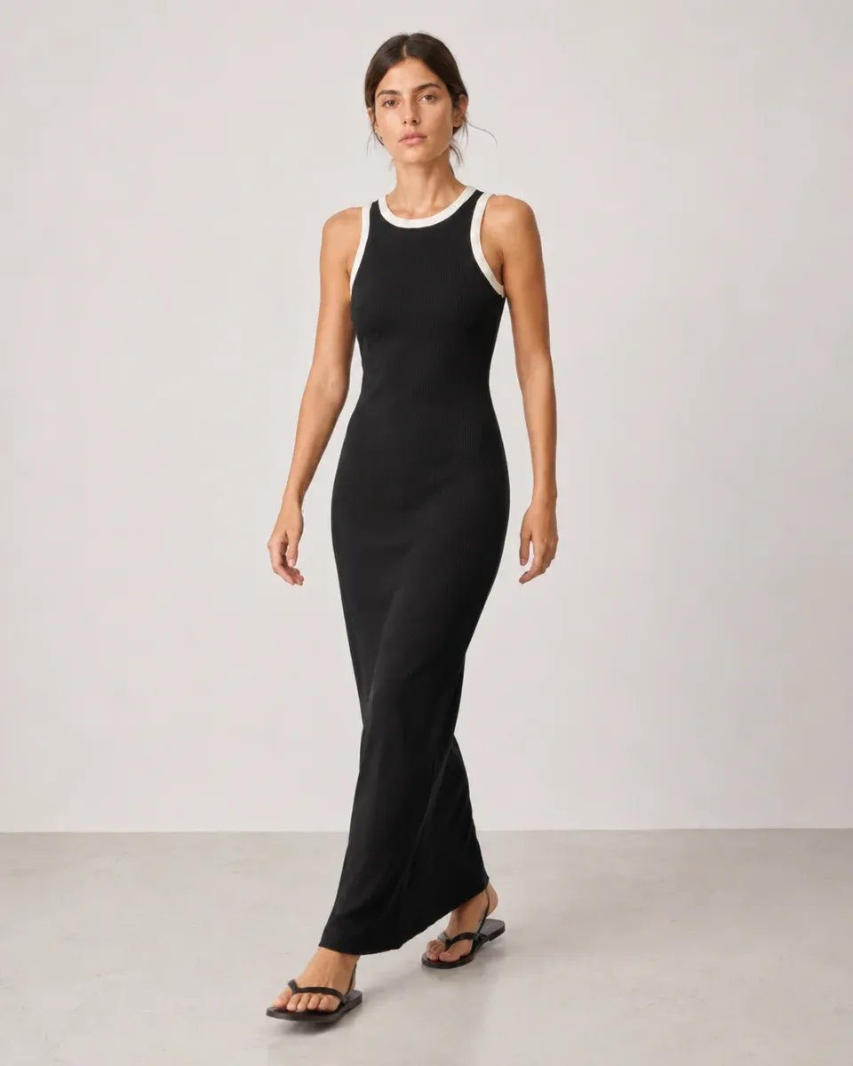 Vestido Largo Negro con Detalles Blancos Elegante para Mujer - Image 19