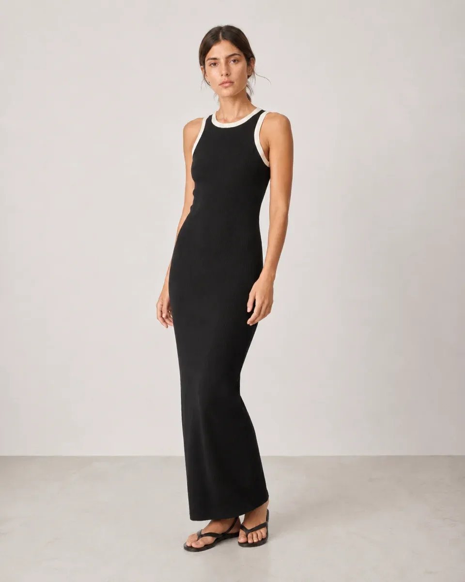 Vestido Largo Negro con Detalles Blancos Elegante para Mujer - Image 18