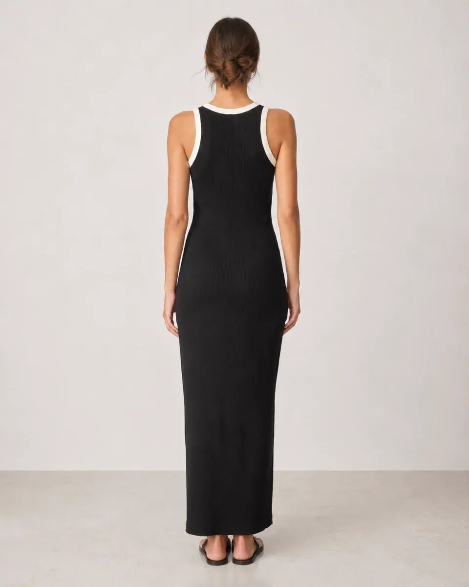 Vestido Largo Negro con Detalles Blancos Elegante para Mujer - Image 22