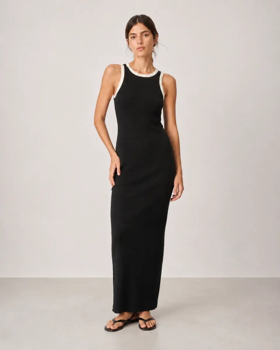 Vestido Largo Negro con Detalles Blancos Elegante para Mujer - Image 23