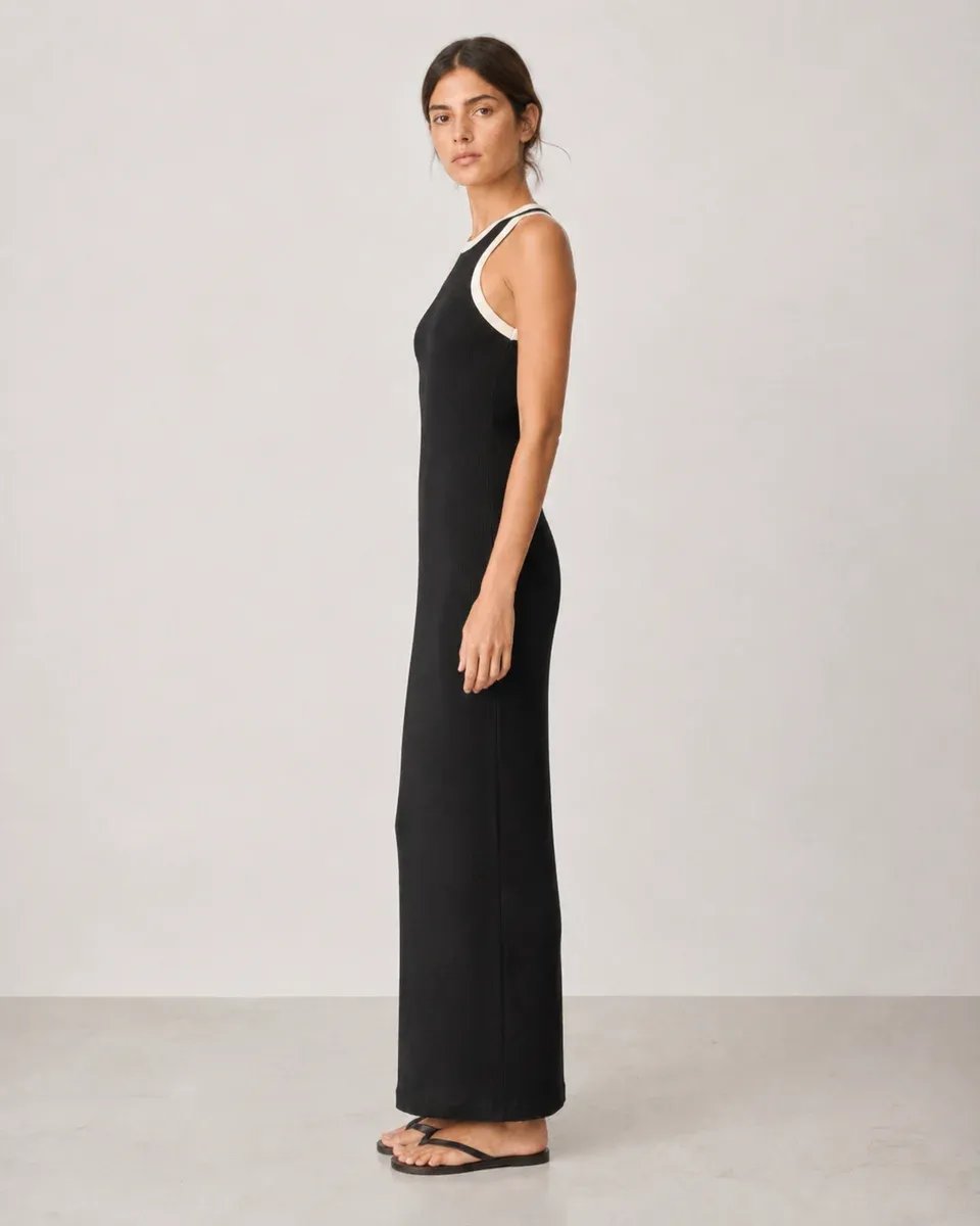 Vestido Largo Negro con Detalles Blancos Elegante para Mujer - Image 24