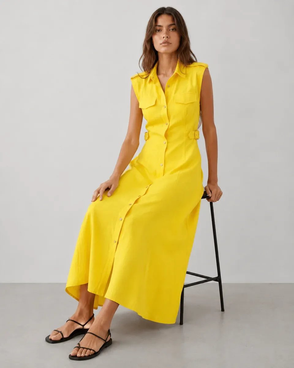 Vestido Largo Amarillo Con Botones Frontales Para Mujer - Image 2