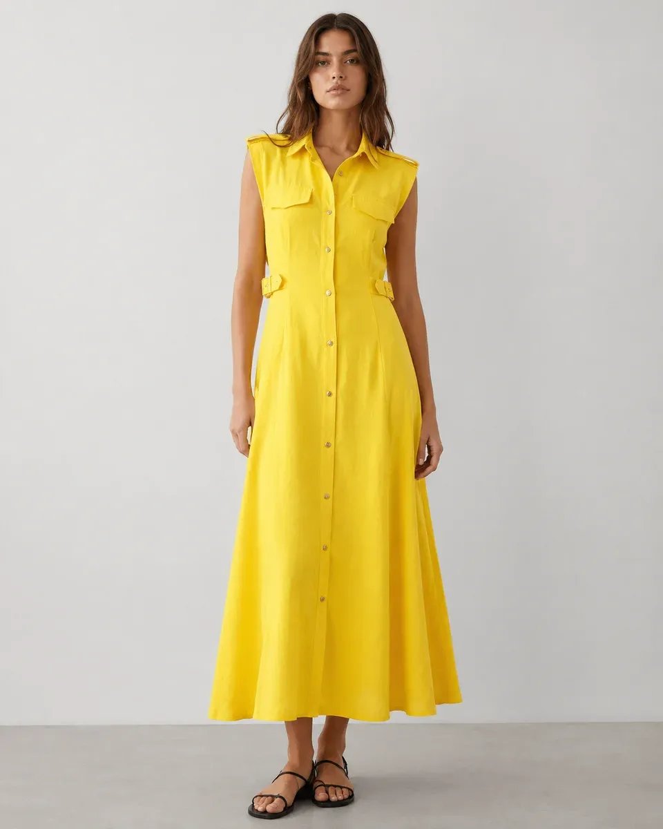 Vestido Largo Amarillo Con Botones Frontales Para Mujer - Image 3