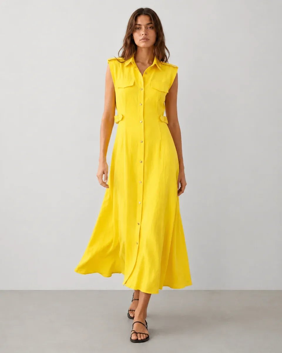 Vestido Largo Amarillo Con Botones Frontales Para Mujer - Image 4