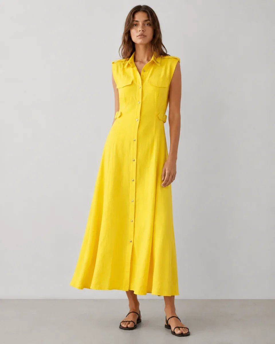 Vestido Largo Amarillo Con Botones Frontales Para Mujer - Image 5