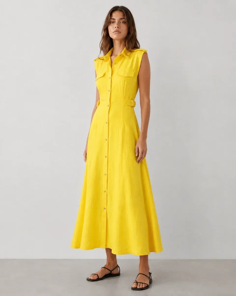 Vestido Largo Amarillo Con Botones Frontales Para Mujer - Image 6