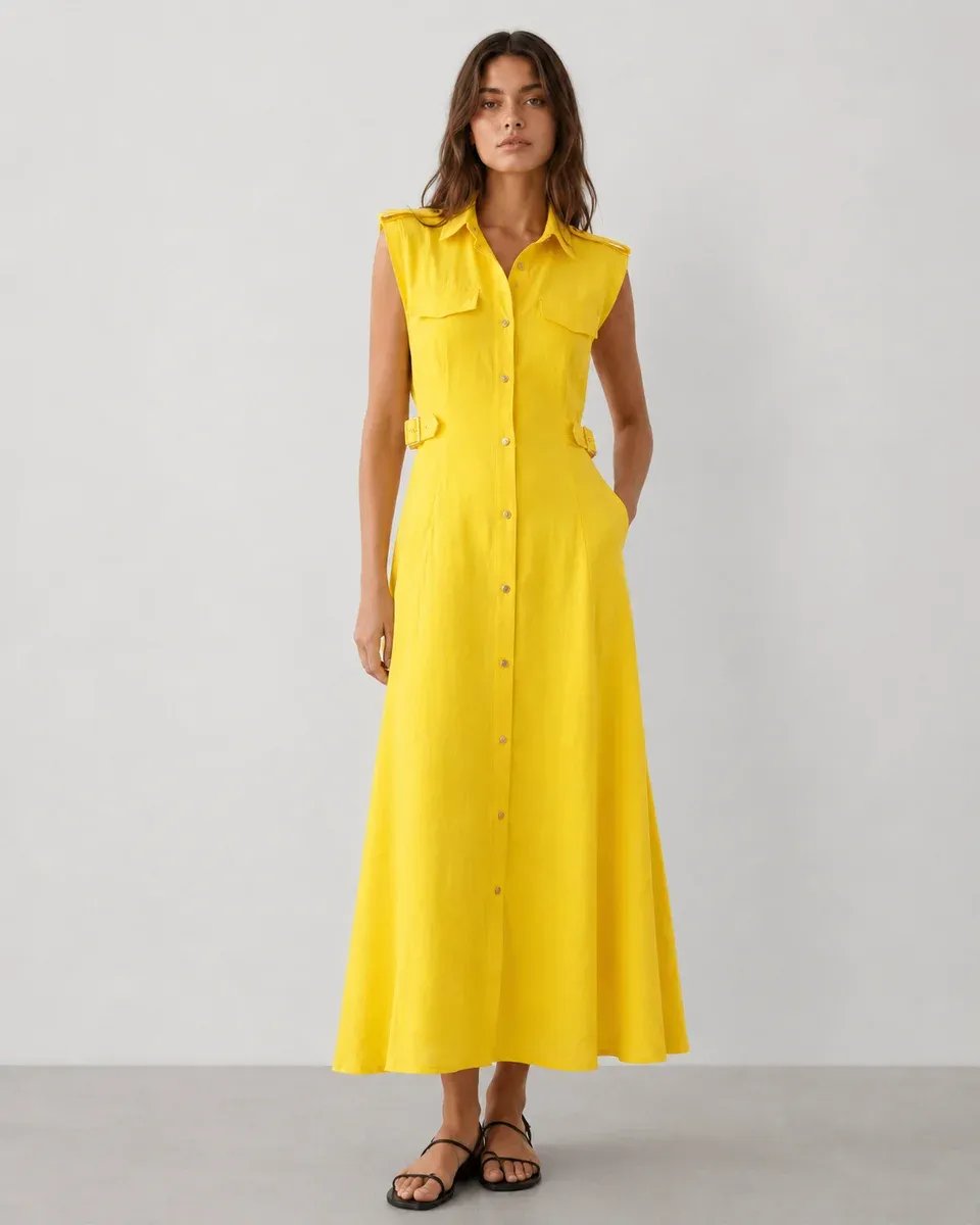 Vestido Largo Amarillo Con Botones Frontales Para Mujer - Image 7