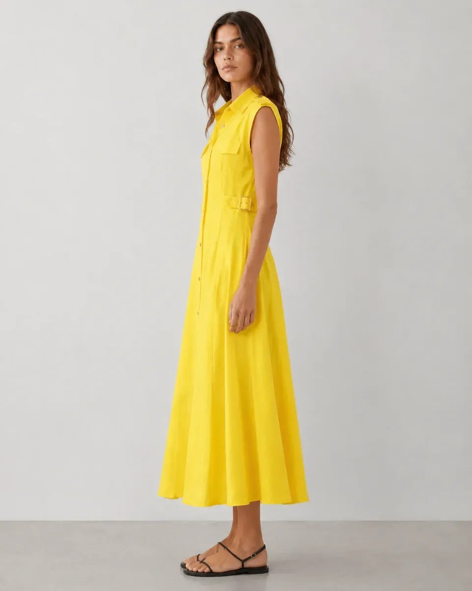 Vestido Largo Amarillo Con Botones Frontales Para Mujer - Image 10