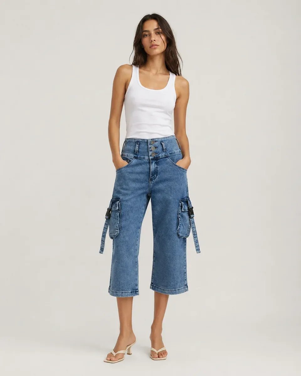 Pantalon Capri Cargo de Mezclilla Azul para Mujer Estilo Casual - Image 2