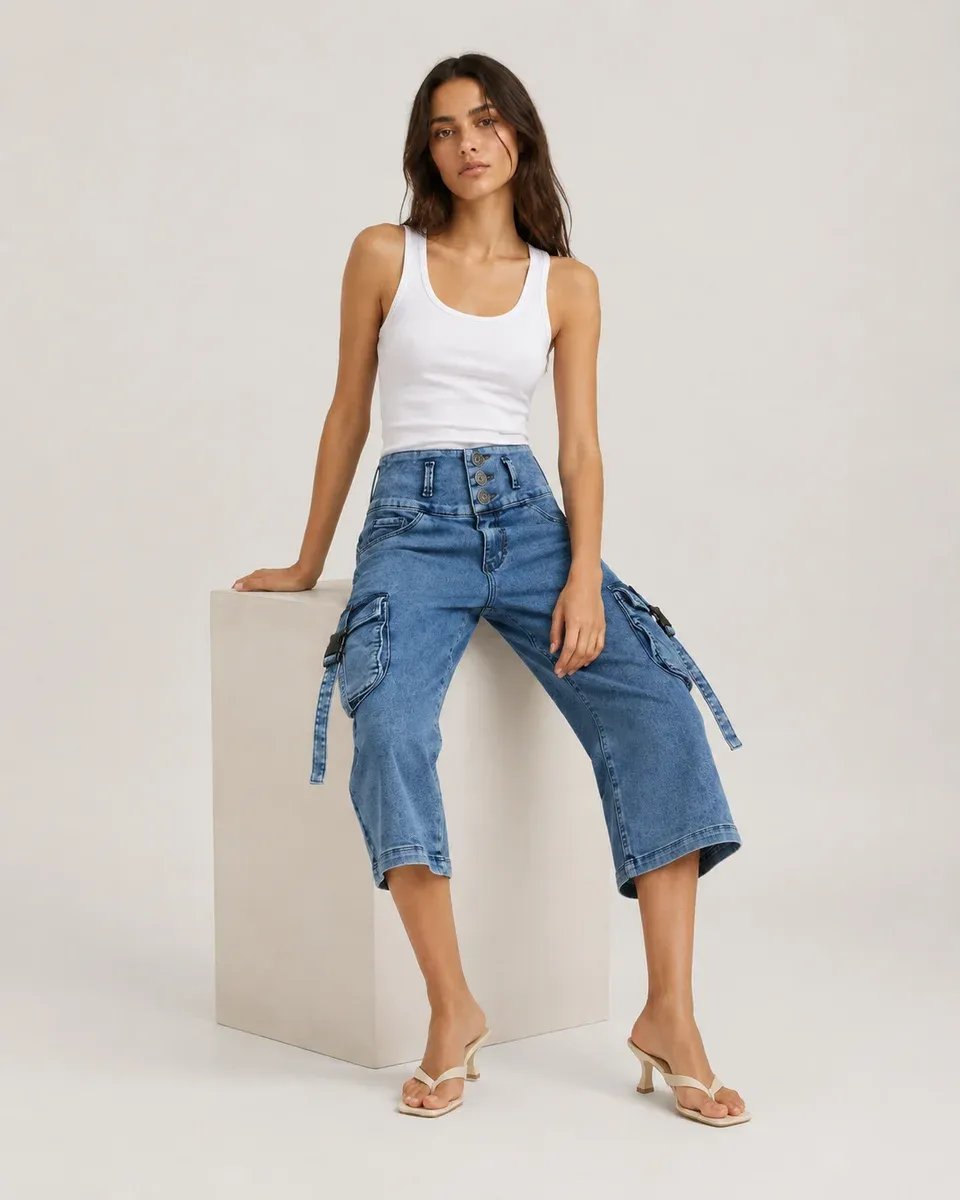 Pantalon Capri Cargo de Mezclilla Azul para Mujer Estilo Casual - Image 3