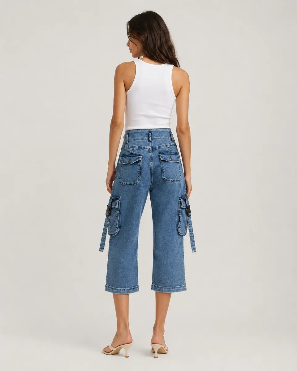 Pantalon Capri Cargo de Mezclilla Azul para Mujer Estilo Casual - Image 4