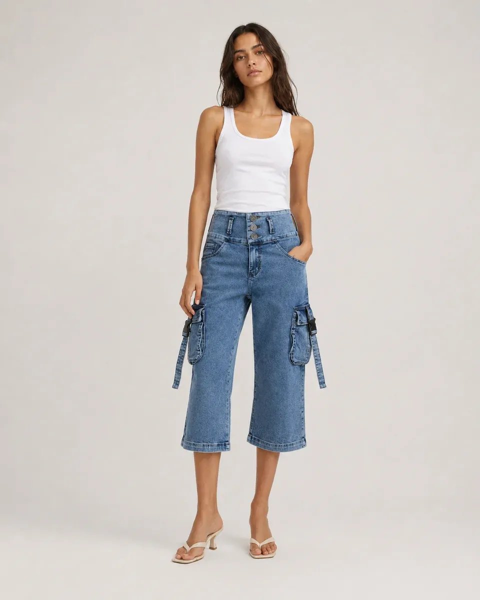 Pantalon Capri Cargo de Mezclilla Azul para Mujer Estilo Casual - Image 5