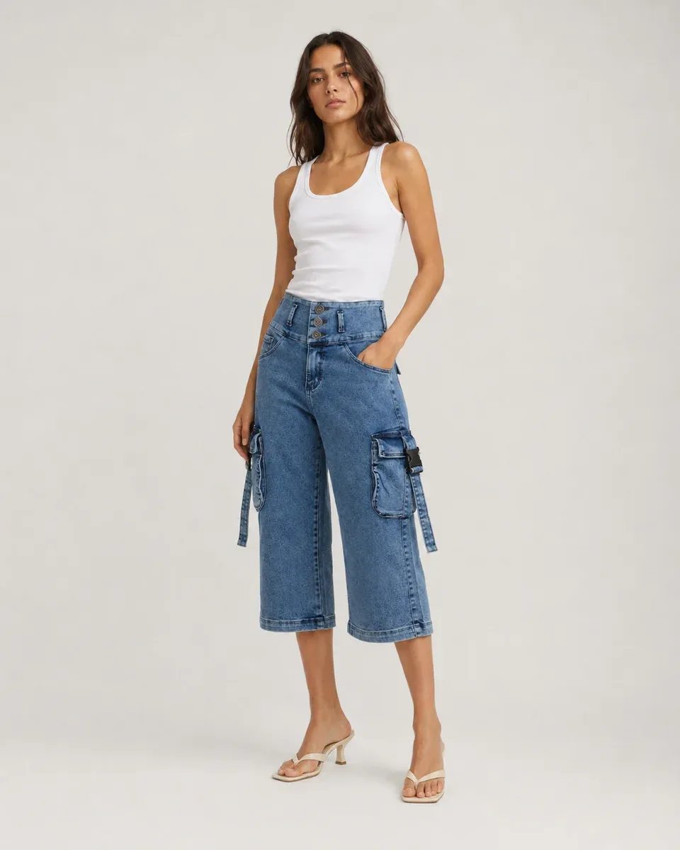 Pantalon Capri Cargo de Mezclilla Azul para Mujer Estilo Casual - Image 6